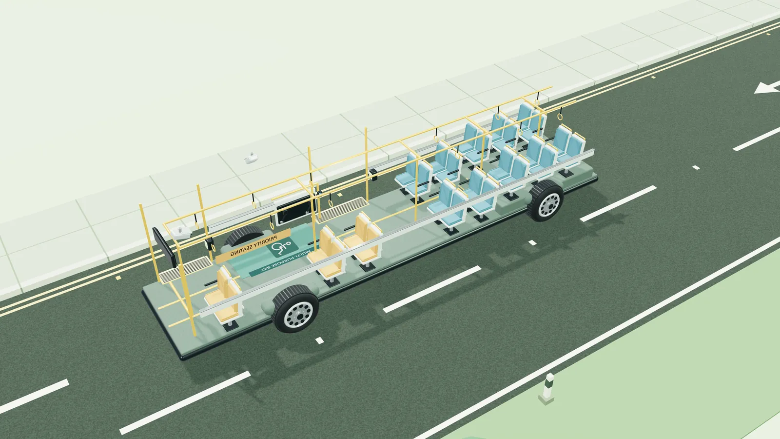 Cutaway of the 3D bus showing the chassis, seating layout and handrails from above