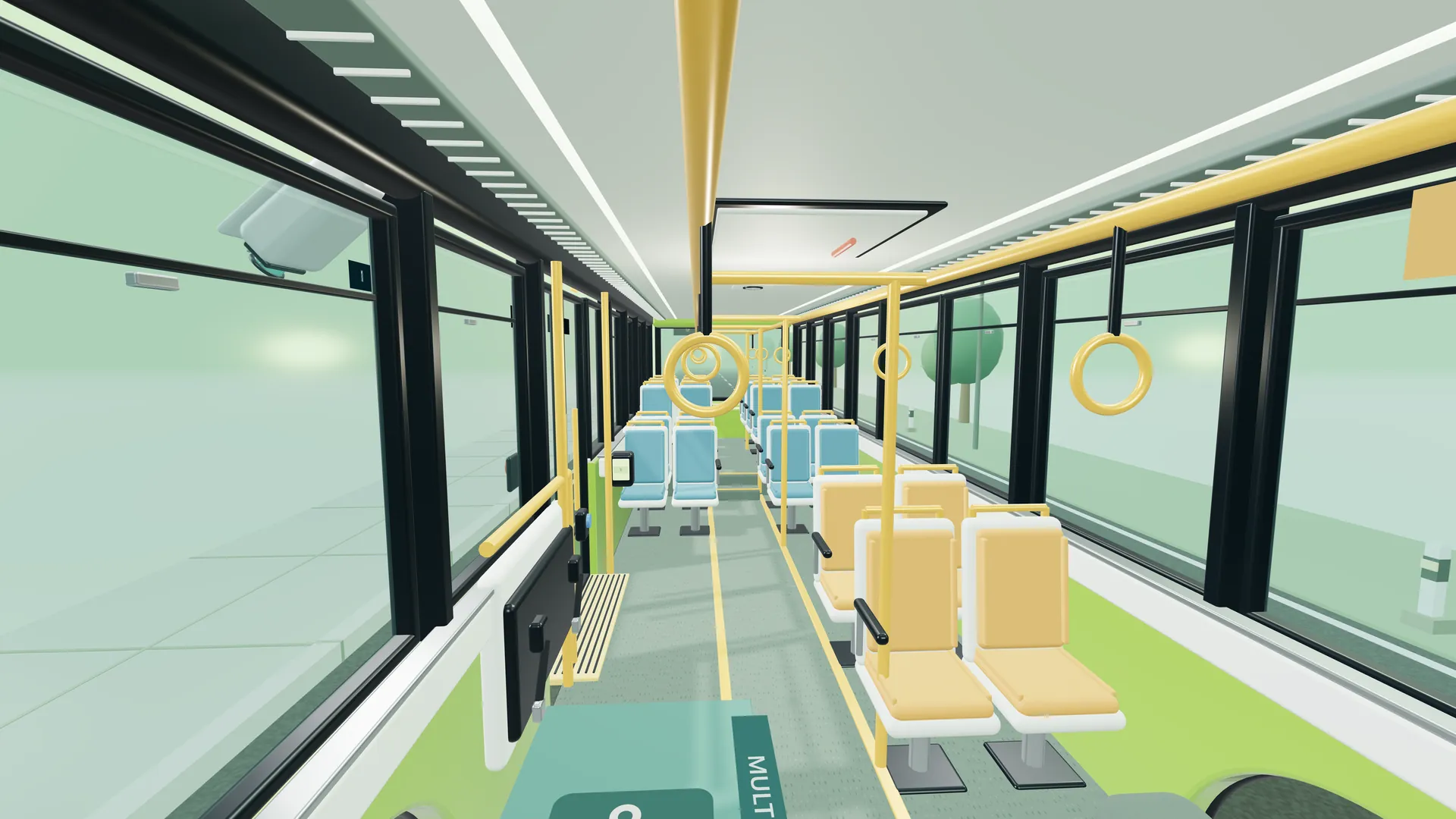 Inside the 3D bus cabin: rows of blue standard seats, yellow priority seats, grab handles and a camera mounted on the ceiling