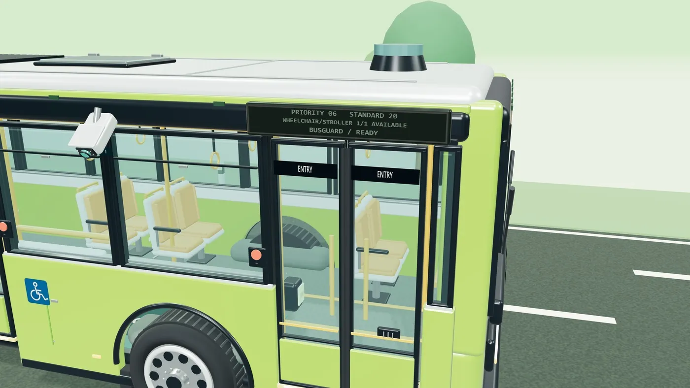 Close-up of the bus door with a display above it showing priority seats, standard seats and wheelchair bay availability