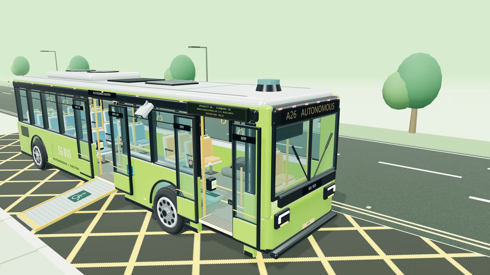 Digital twin of the bus stopped in a yellow-hatched refuge area during an emergency