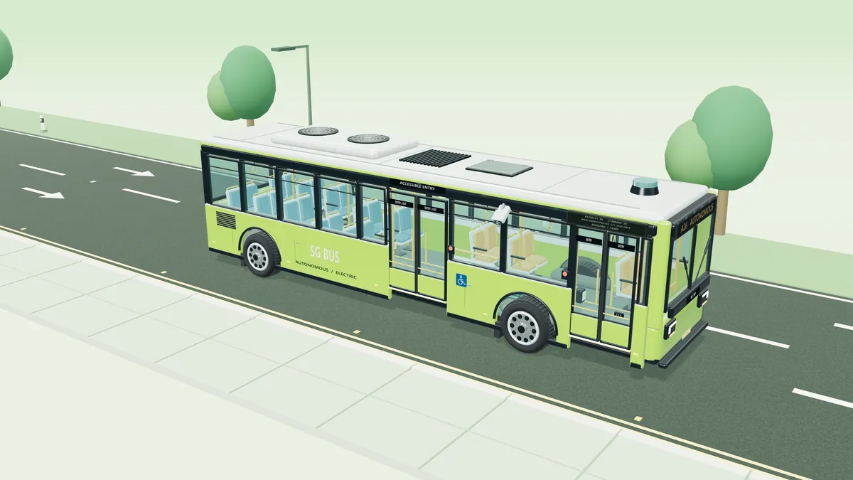 Exterior of the green 3D autonomous bus model from the front right, on a road beside trees