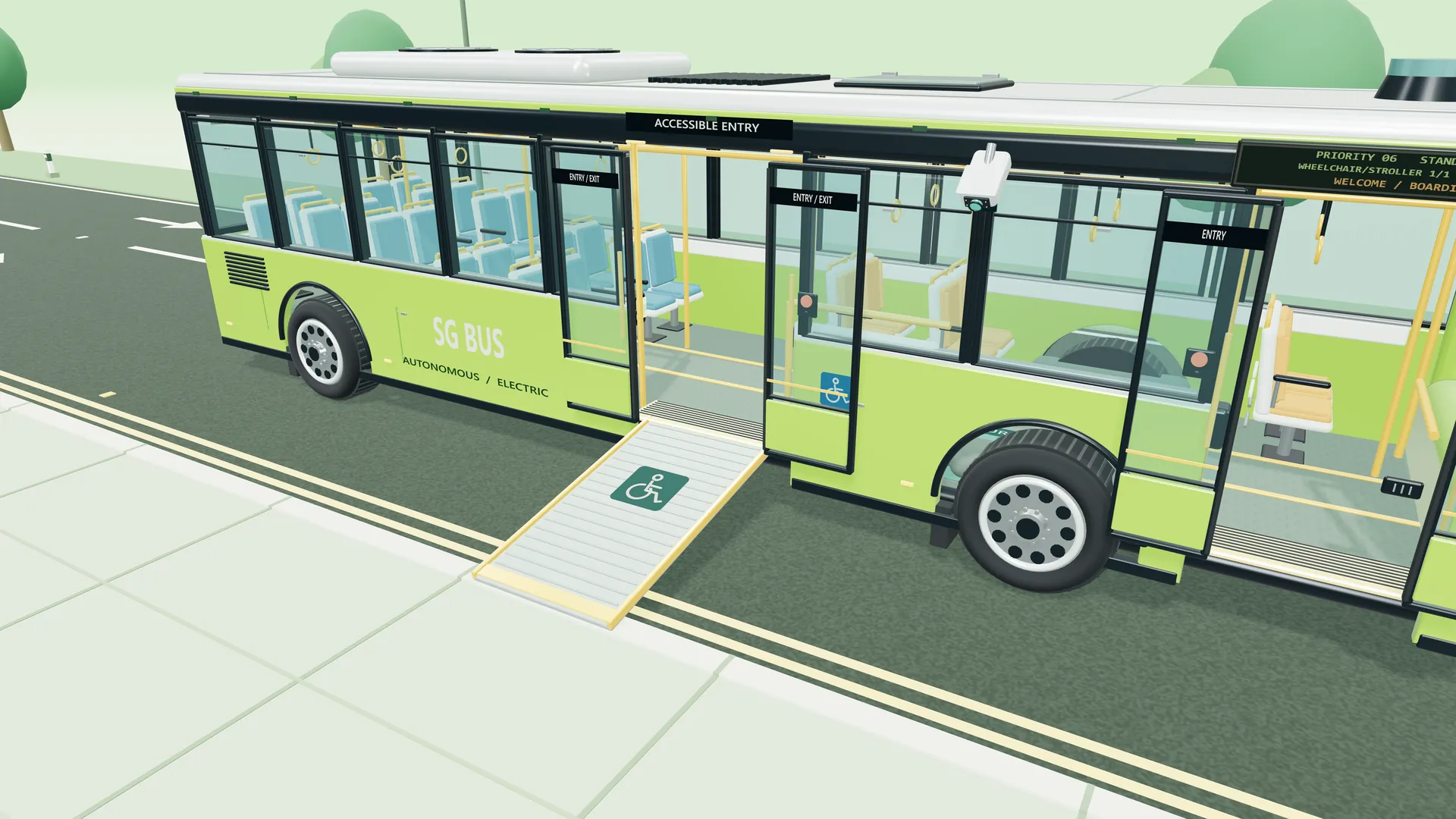 3D digital twin of a green autonomous bus at a stop with its wheelchair ramp deployed onto the pavement