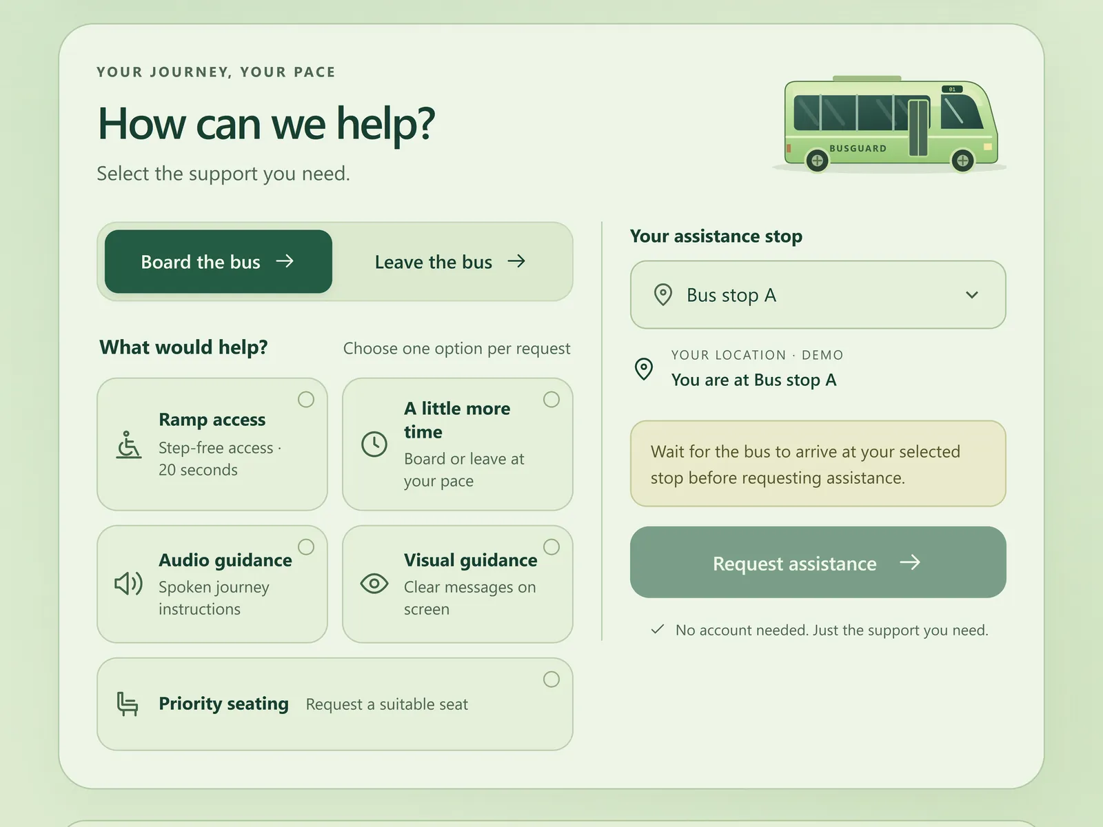 BusGuard passenger app asking 'How can we help?' with options for ramp access, more time, audio guidance, visual guidance and priority seating