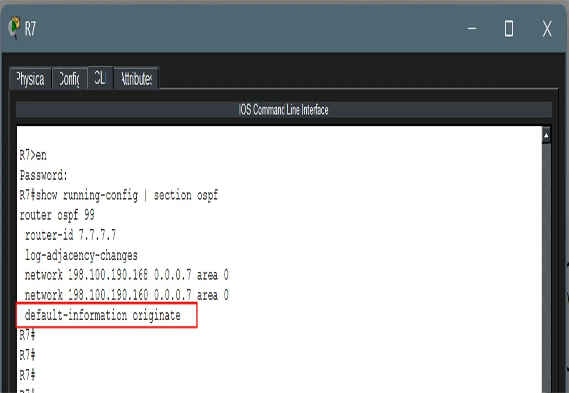 R7 running configuration for OSPF process 99: router-id 7.7.7.7, networks in area 0, and 'default-information originate' boxed in red
