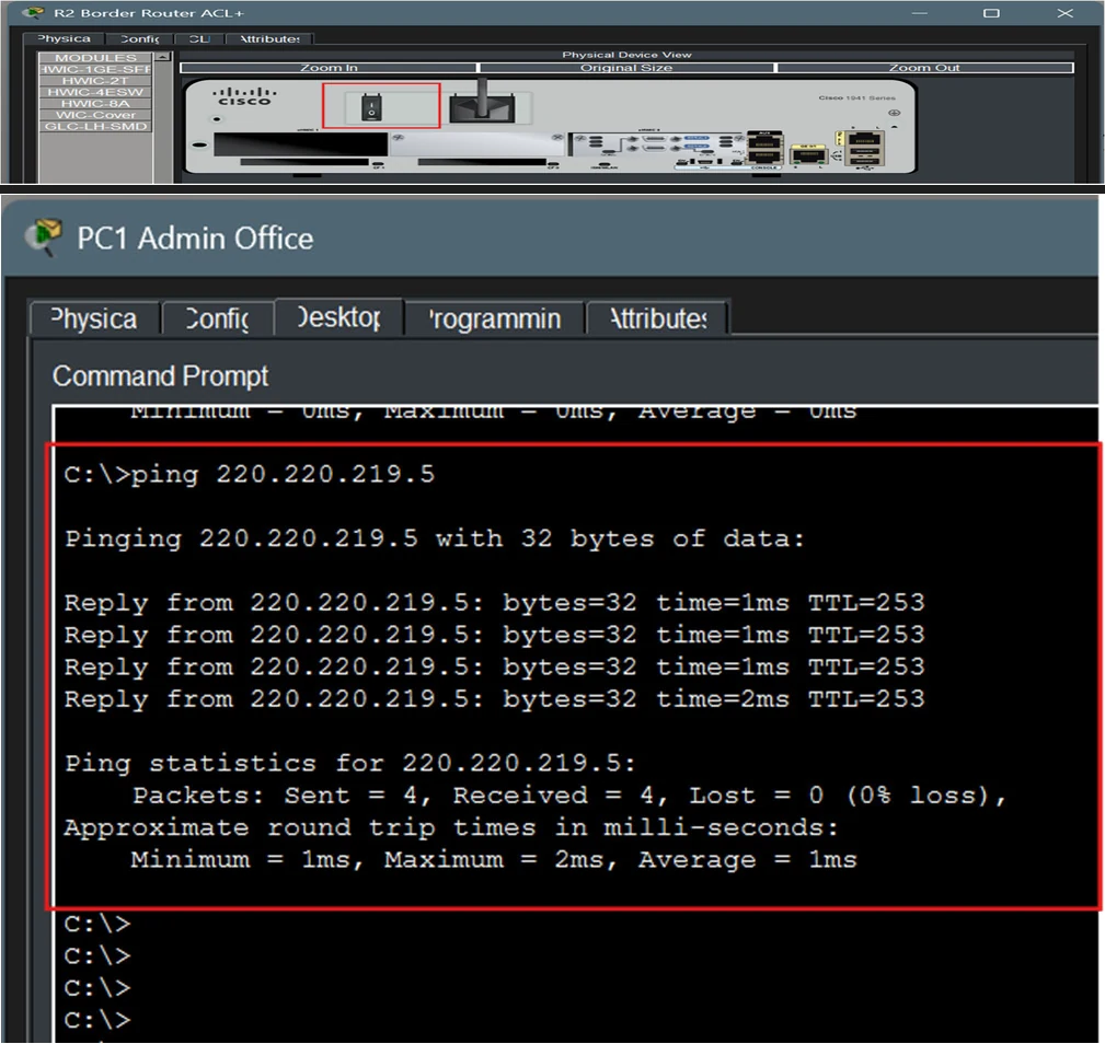 Top: Packet Tracer physical view of R2 with its power switch boxed in red. Bottom: Admin PC pinging 220.220.219.5, the ISP router's link to R7, with 4 replies and 0% loss