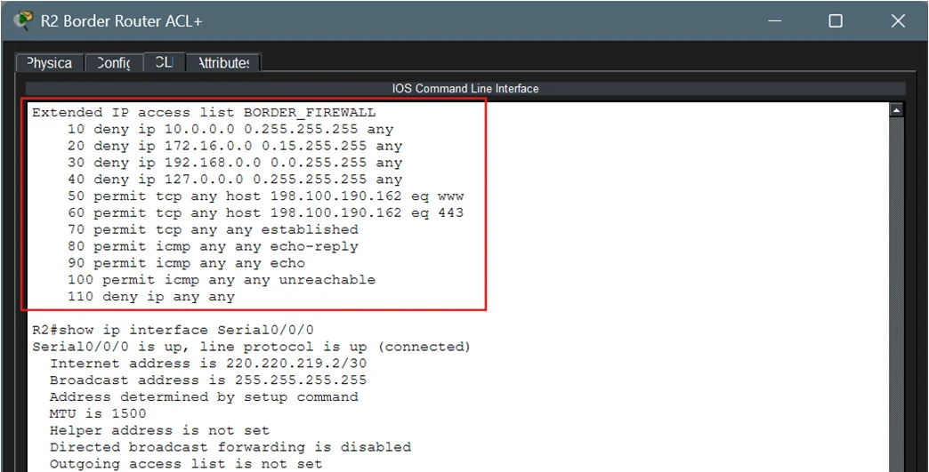 R2 extended IP access list BORDER_FIREWALL: deny 10.0.0.0, 172.16.0.0, 192.168.0.0 and 127.0.0.0 sources; permit TCP to host 198.100.190.162 on www and 443; permit established TCP; permit ICMP echo-reply, echo and unreachable; deny ip any any. Below, the list is applied inbound on Serial0/0/0