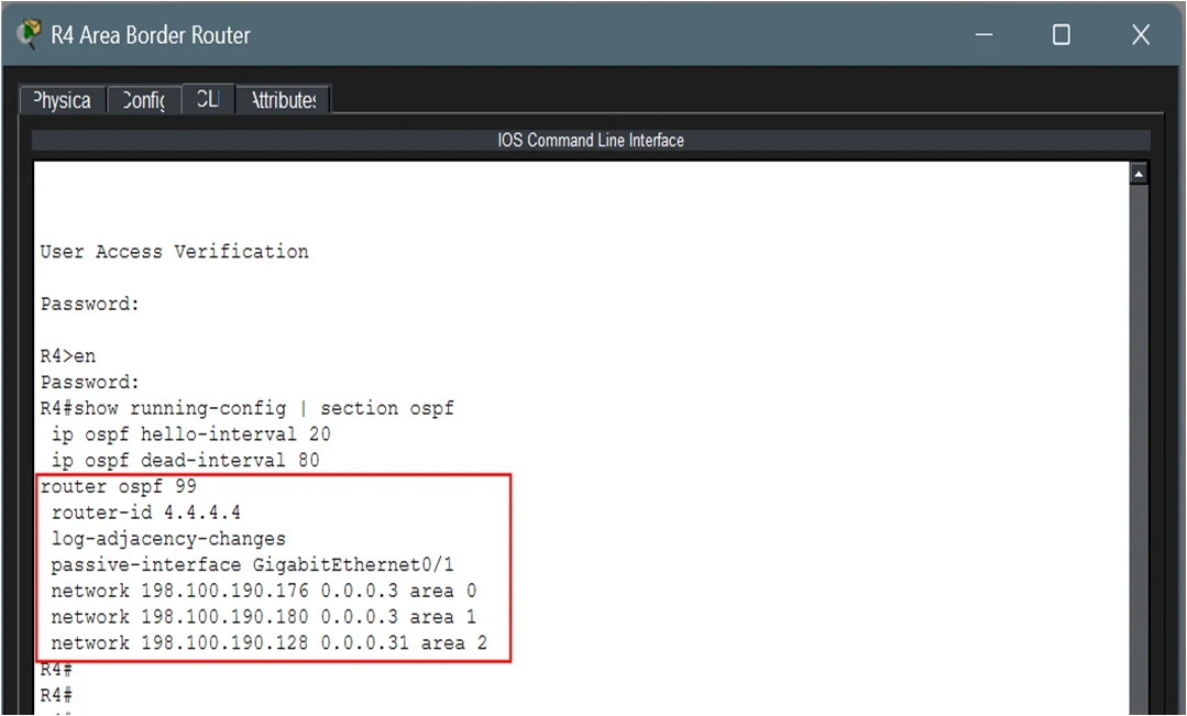 R4 running configuration for OSPF process 99: router-id 4.4.4.4, passive-interface GigabitEthernet0/1, and three network statements in area 0, area 1 and area 2