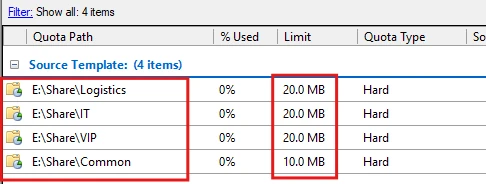 File Server Resource Manager quota list: Logistics, IT and VIP at 20 MB hard quota, Common at 10 MB hard quota