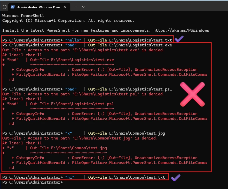 PowerShell window: saving test.txt to the Logistics share succeeds, saving test.exe and test.ps1 to Logistics and test.jpg to Common fails with 'Access to the path is denied', and saving test.txt to Common succeeds