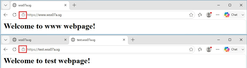 Two Edge windows: https://www.wss07a.sg showing 'Welcome to www webpage!' and https://test.wss07a.sg showing 'Welcome to test webpage!', both with the padlock icon and no certificate warning