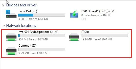 Network locations on a Remote user's PC: their home folder on H:, the IT share on X: with a 20 MB limit, and Common on Z: with a 10 MB limit
