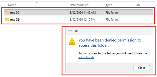 Folder list on DC2 showing user folders rmt-001 and rmt-024, with a dialog: 'You have been denied permission to access this folder'